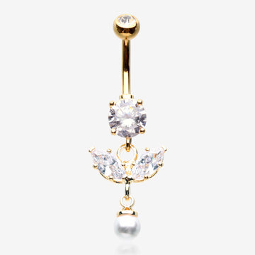 Golden Marquise Sparkle Leaflet Gem Pearlescent Dangle Belly Button Ring-Clear Gem